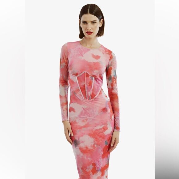 BARDOT Lena corset Mesh Midi Dress In Wildflower print bodycon Revolve XL 10 - Picture 1 of 16